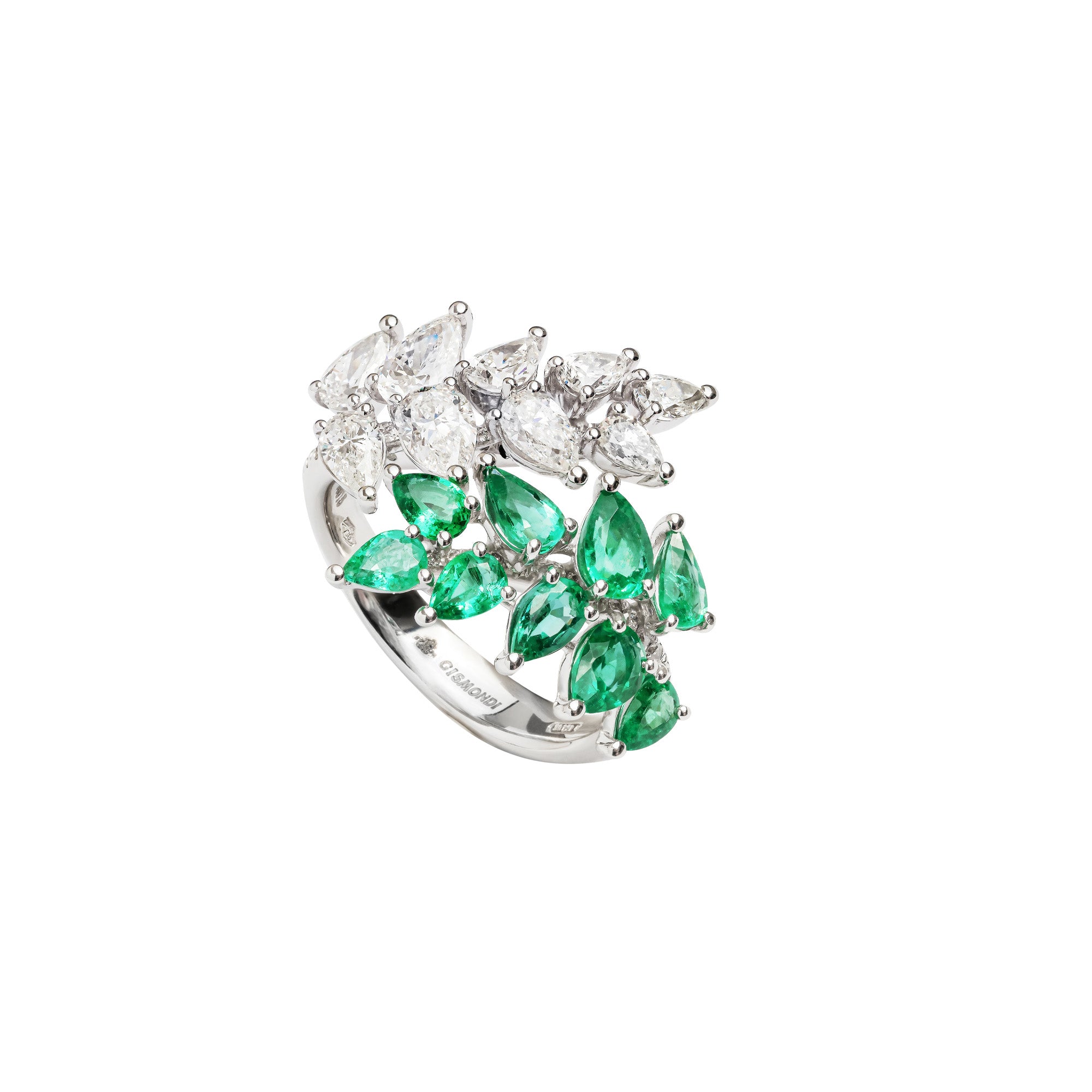 Essenza White Gold Ring With Diamonds Emeralds