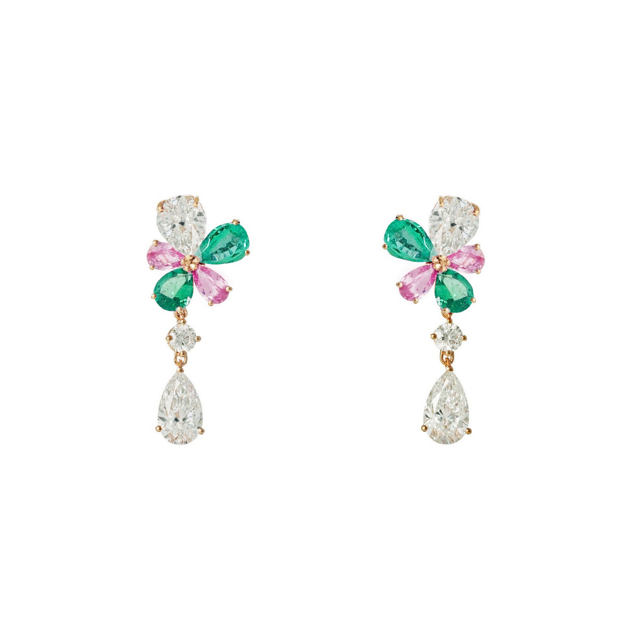 Prato Fiorito Rose Gold Earrings With Emeralds Pink Sapphires Diamonds