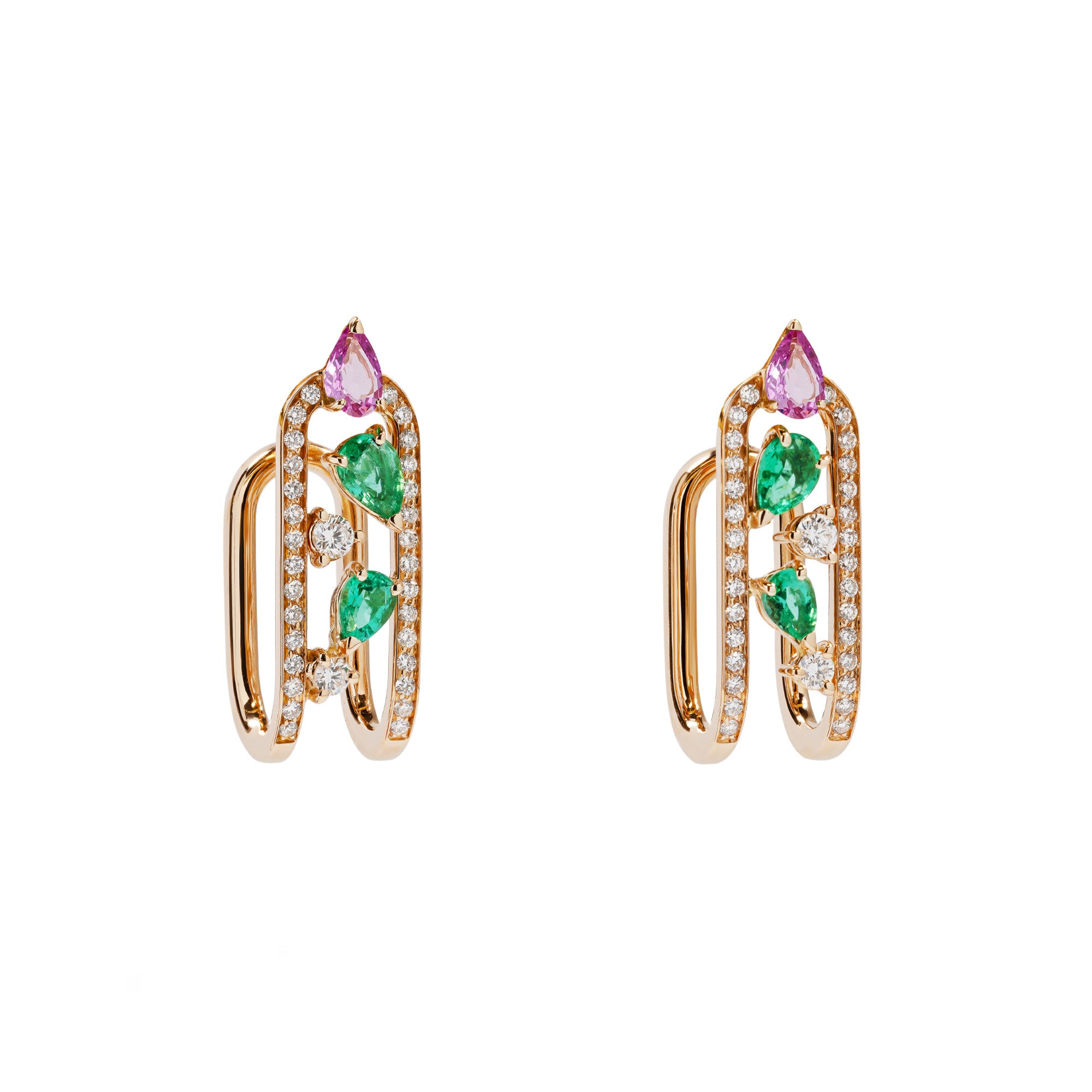Clip Rose Gold Earrings With Emeralds Pink Sapphires And Diamonds