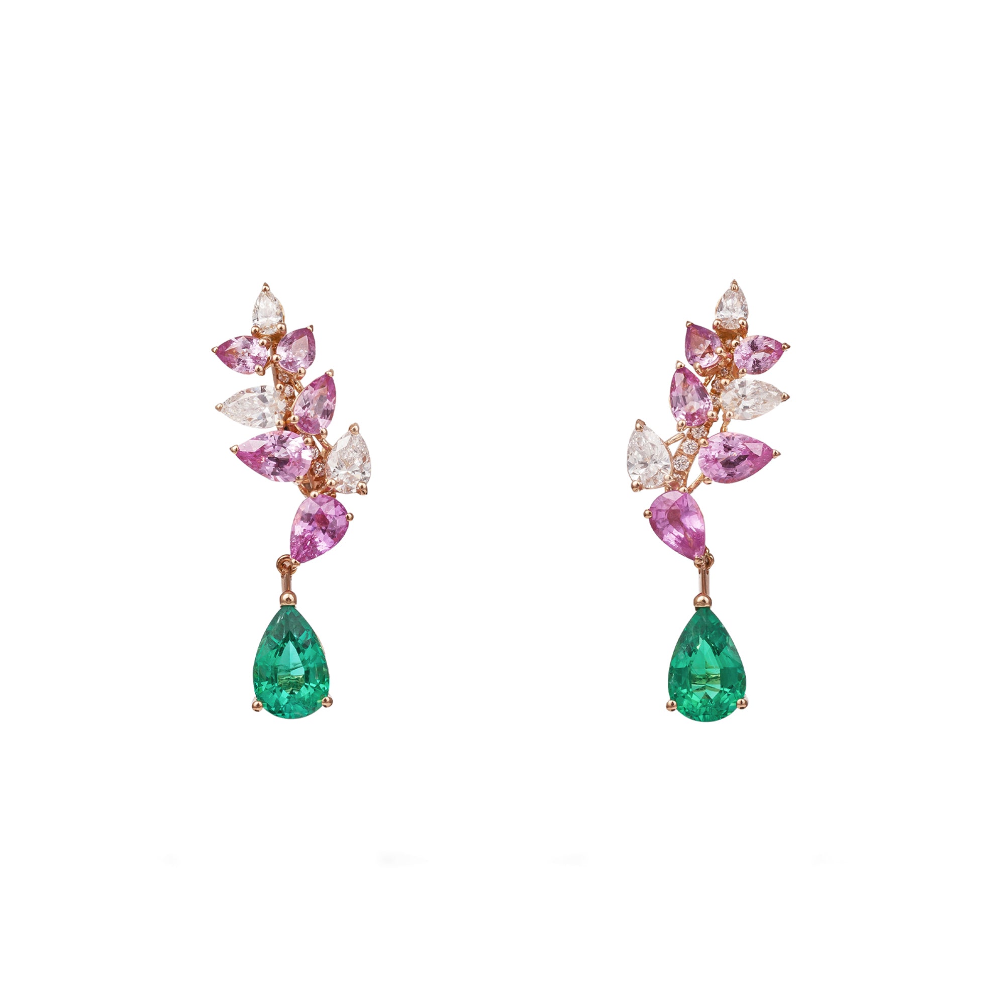 Essenza Rose Gold Earrings With Emerald Pink Sapphires Diamonds