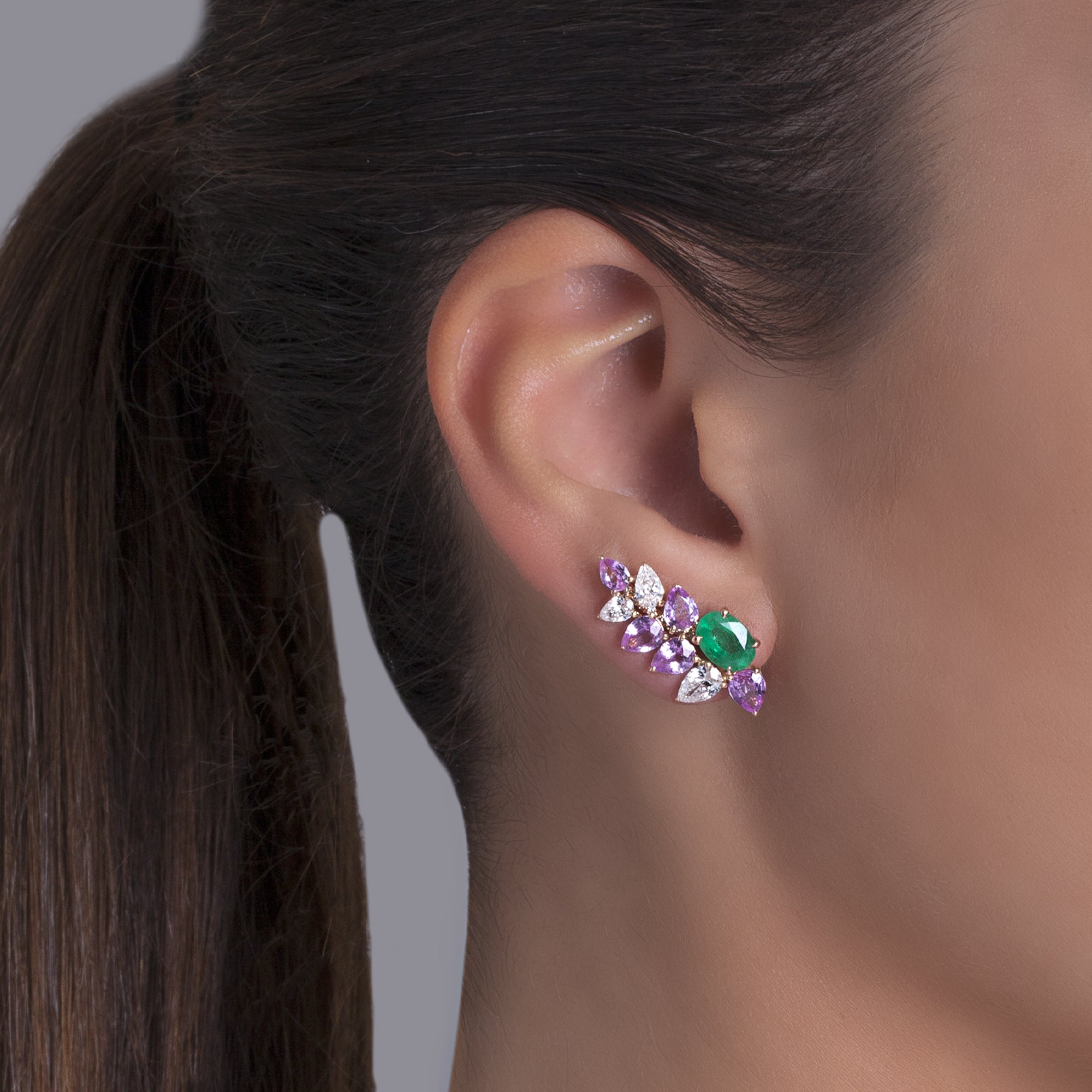 Essenza Rose Gold Earrings With Emerald Pink Sapphires Diamonds