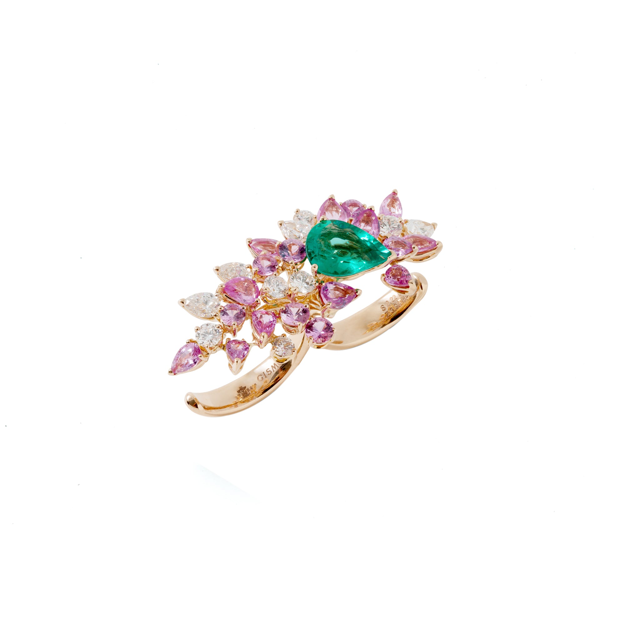 Essenza Rose Gold Double Ring With Emerald Pink Sapphires Diamonds