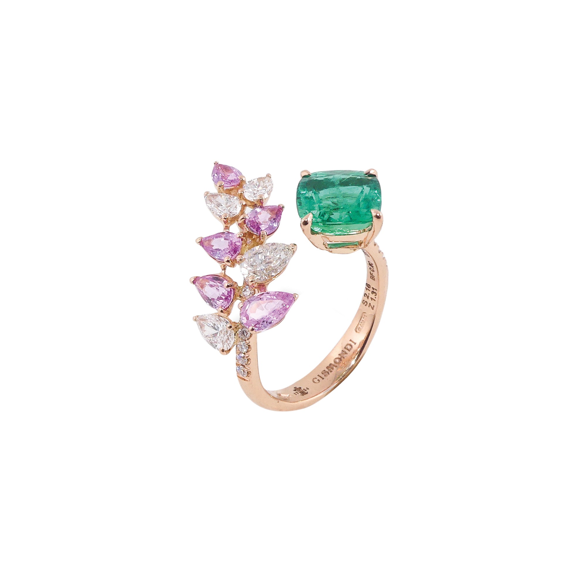 Essenza Rose Gold Ring With Emerald Pink Sapphires Diamonds