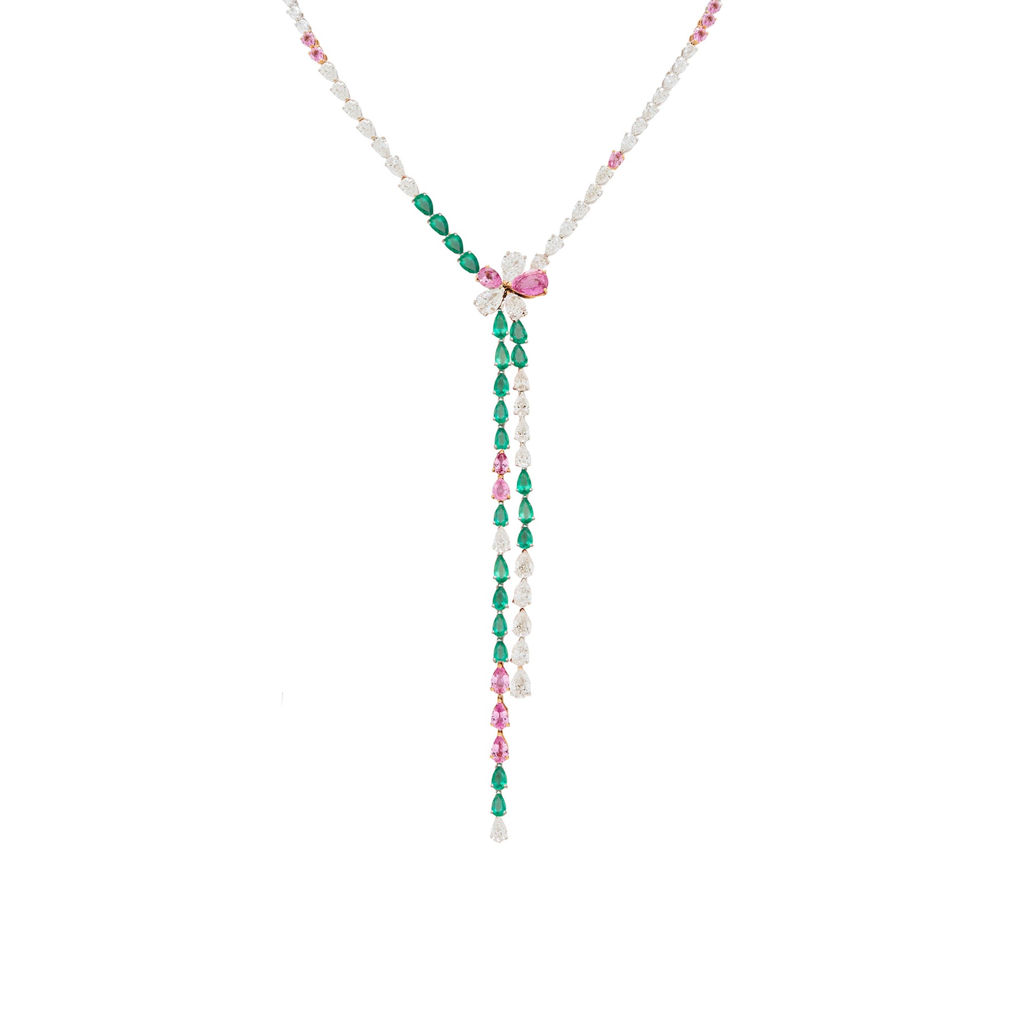 Prato Fiorito Rose Gold Necklace With Emeralds Pink Sapphires Diamonds