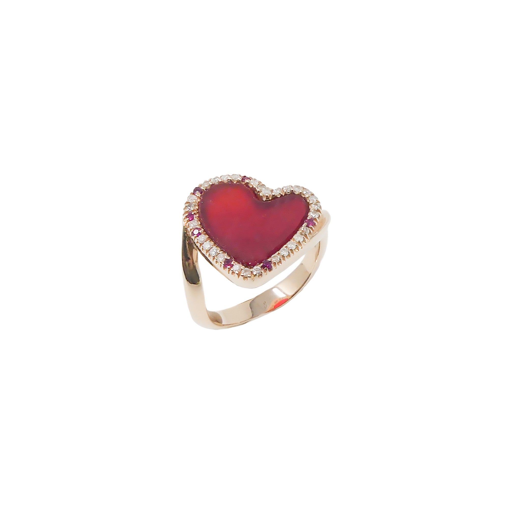 Prìa de Mä 9kt Rose Gold Ring Ice Diamonds Rubies - Heart